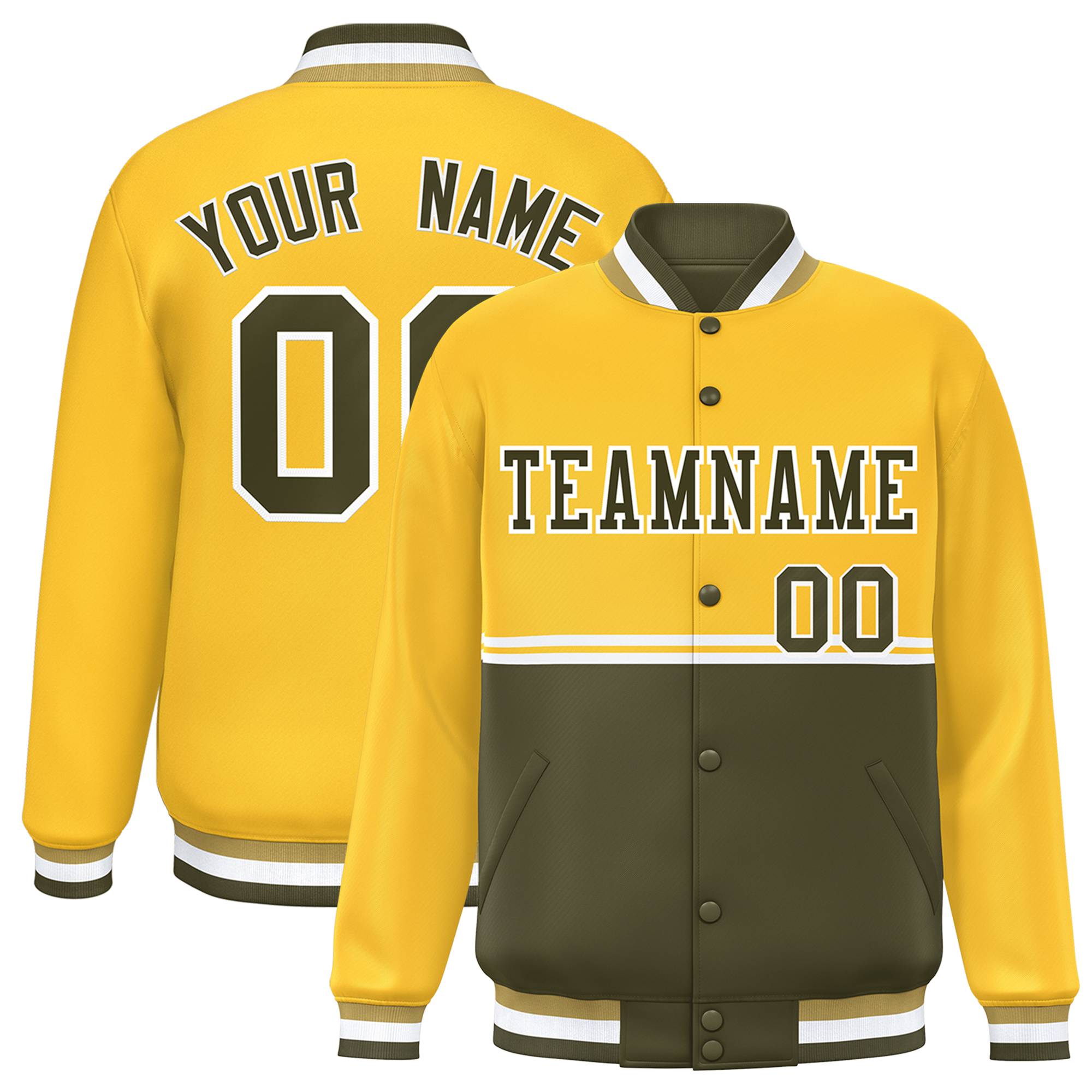 Custom Gold Olive Varsity Full-Snap Color Block Letterman Jacket