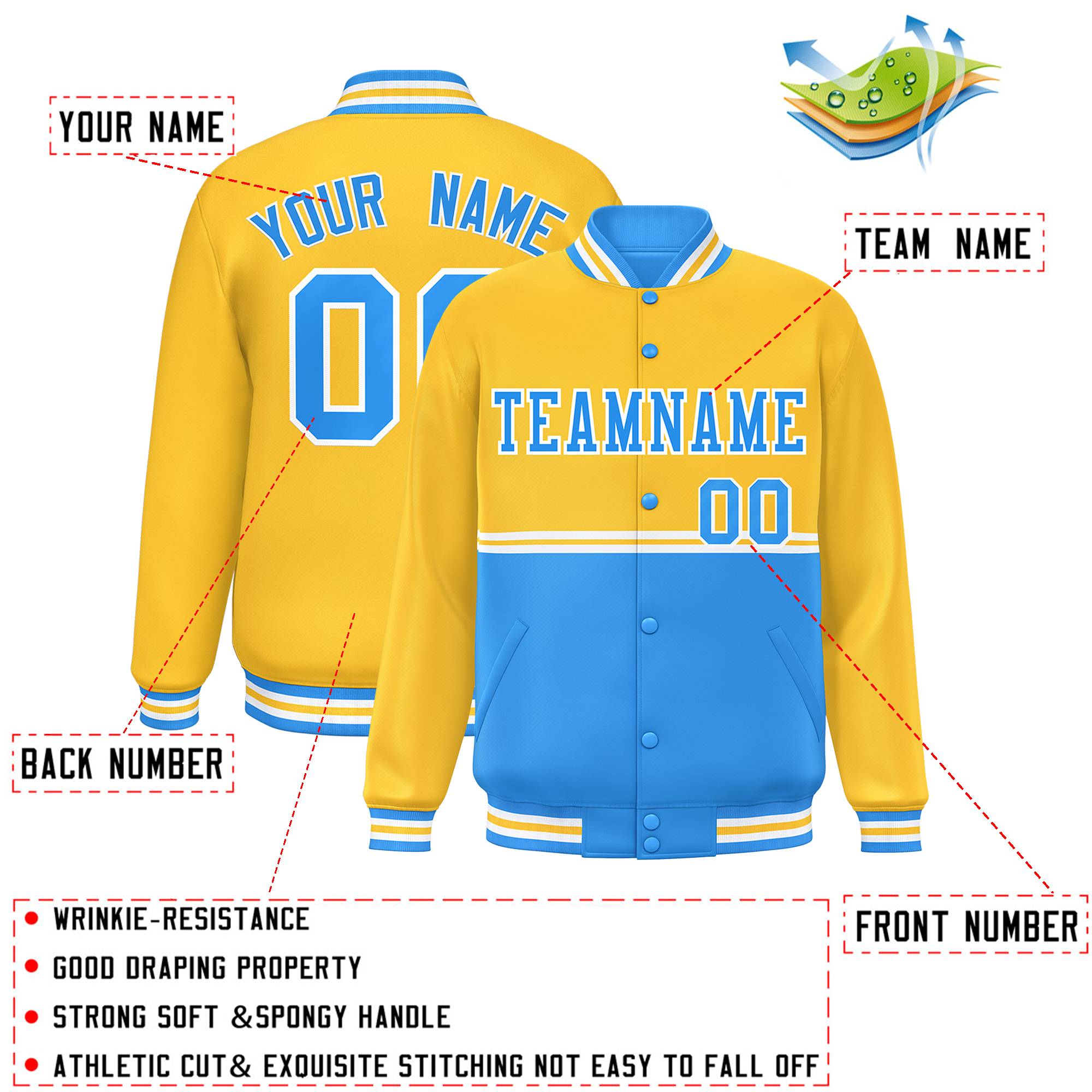 Custom Gold Powder Blue Varsity Full-Snap Color Block Letterman Jacket