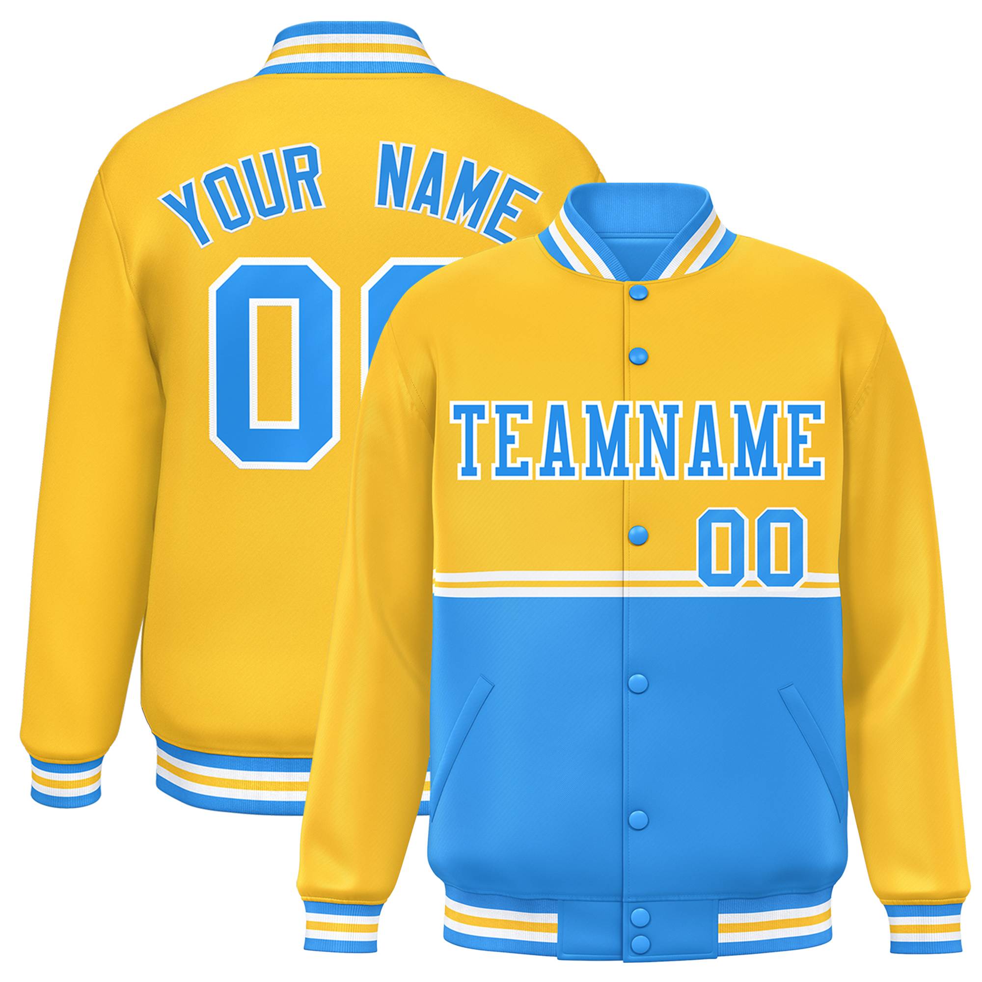 Custom Gold Powder Blue Varsity Full-Snap Color Block Letterman Jacket