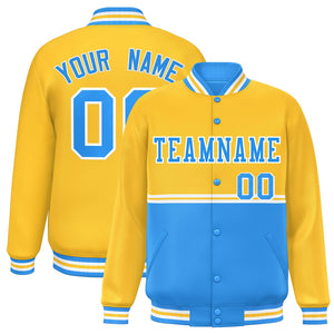 Custom Gold Powder Blue Varsity Full-Snap Color Block Letterman Jacket