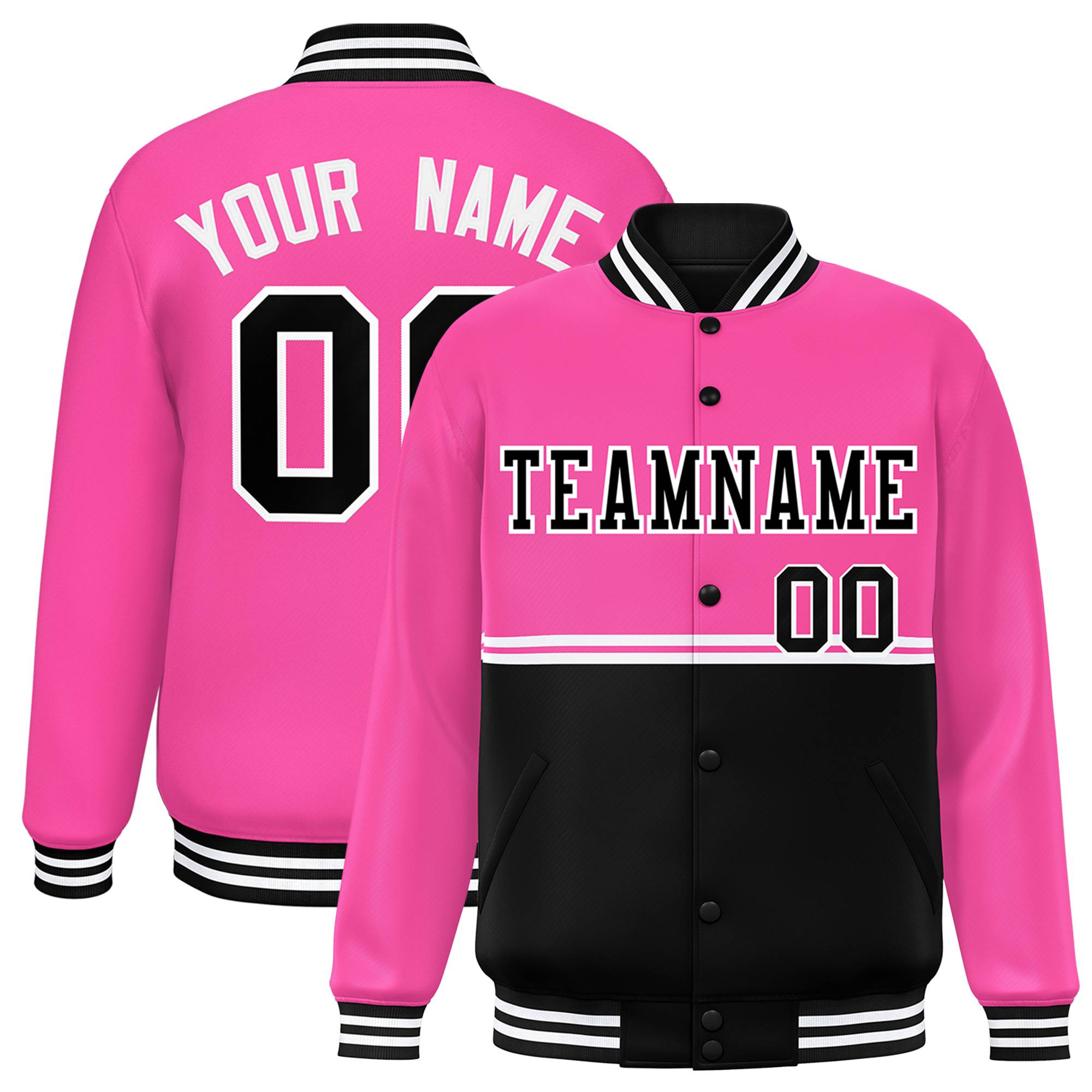 Custom Pink Black Varsity Full-Snap Color Block Letterman Jacket