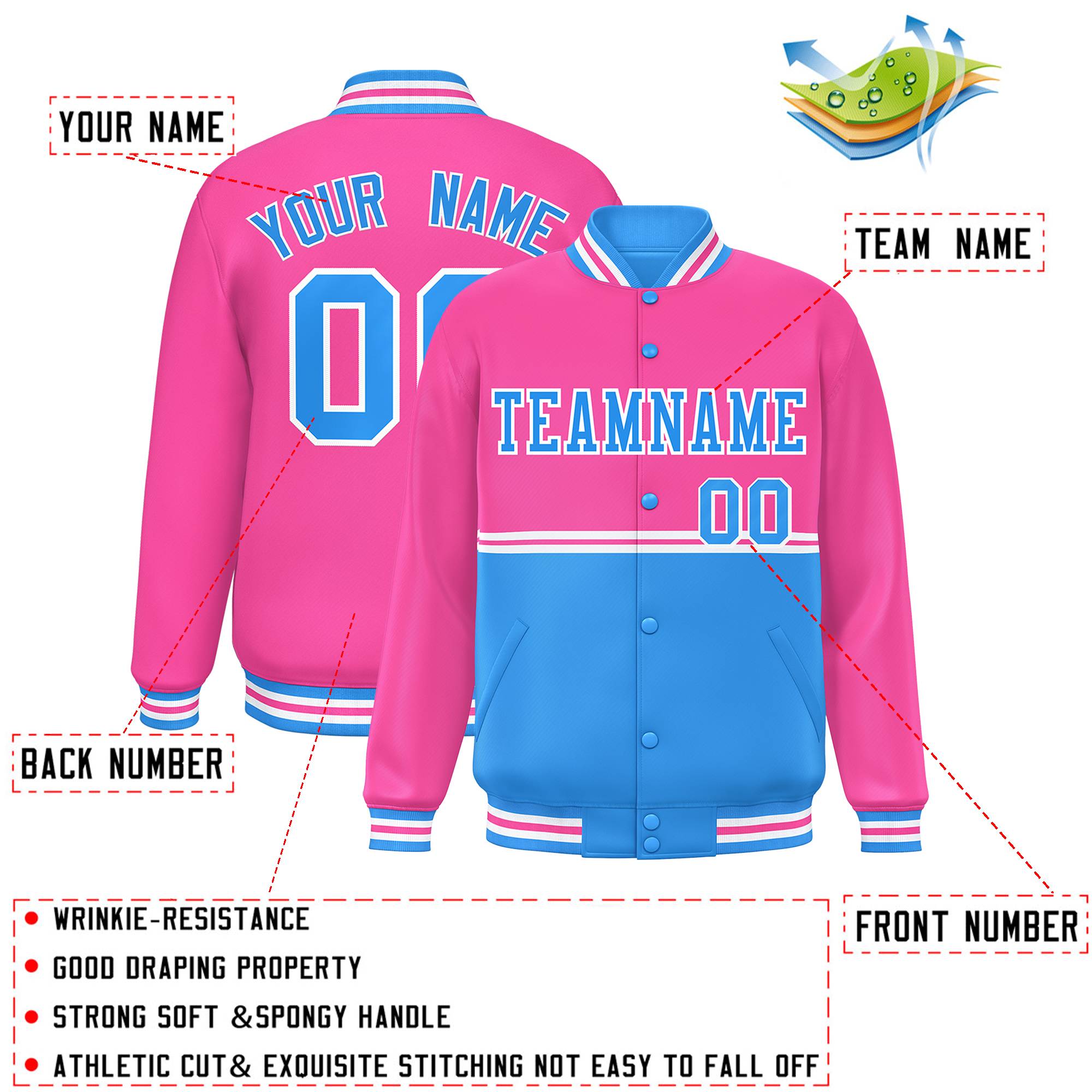 Custom Pink Powder Blue Varsity Full-Snap Color Block Letterman Jacket