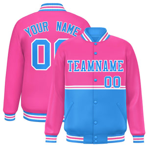 Custom Pink Powder Blue Varsity Full-Snap Color Block Letterman Jacket