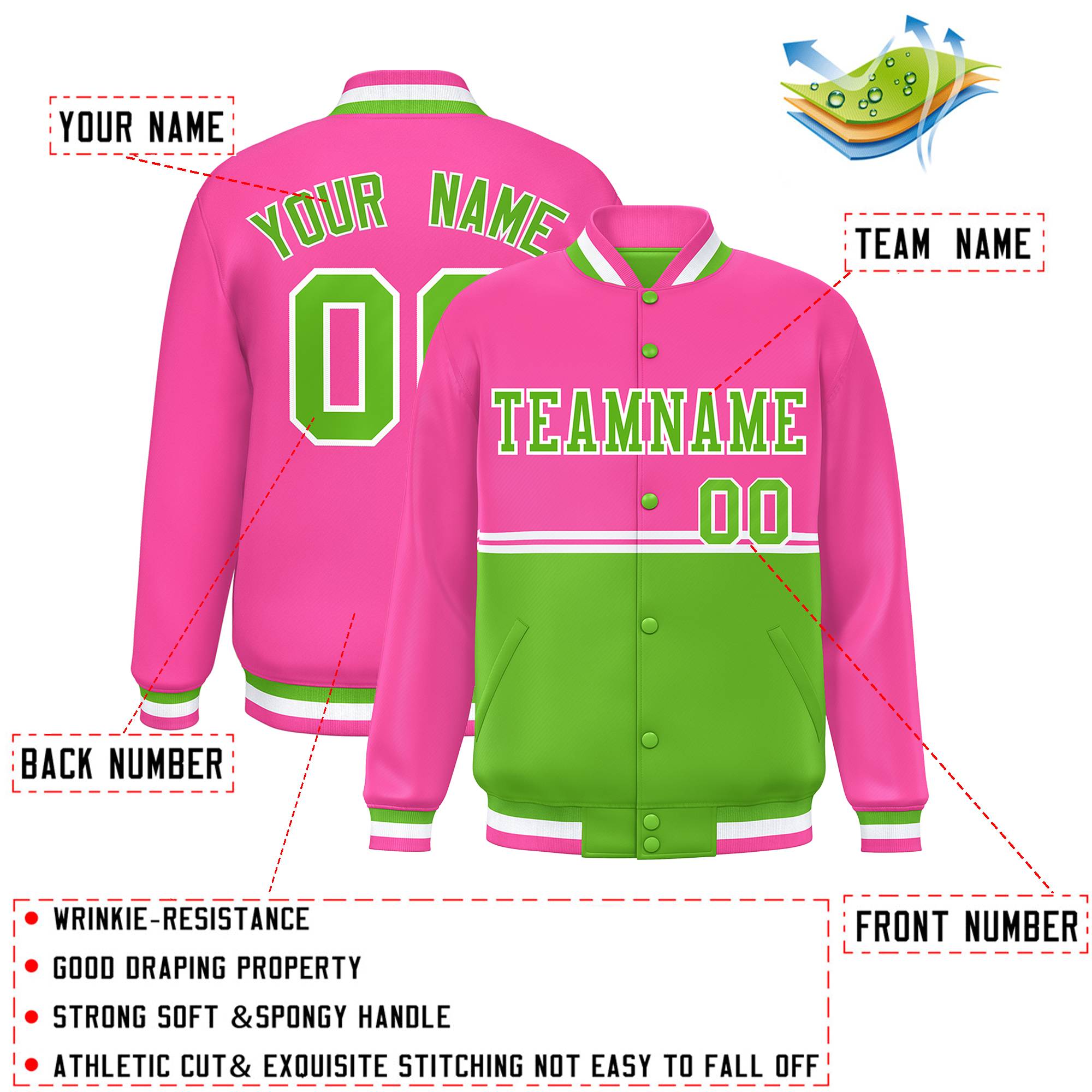 Custom Pink Green Varsity Full-Snap Color Block Letterman Jacket