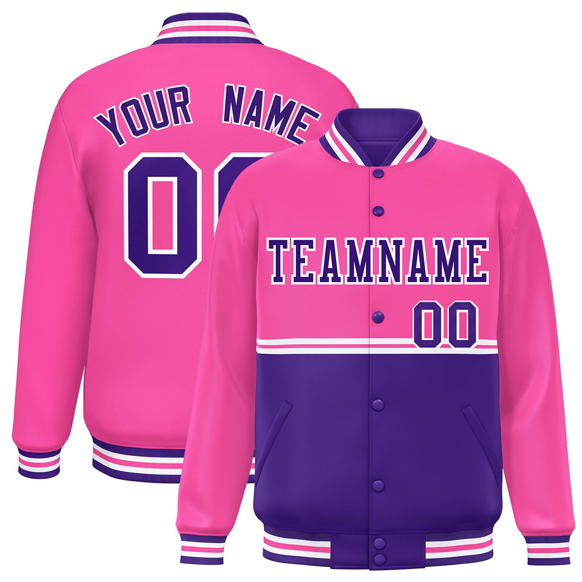 Custom Pink Purple Varsity Full-Snap Color Block Letterman Jacket