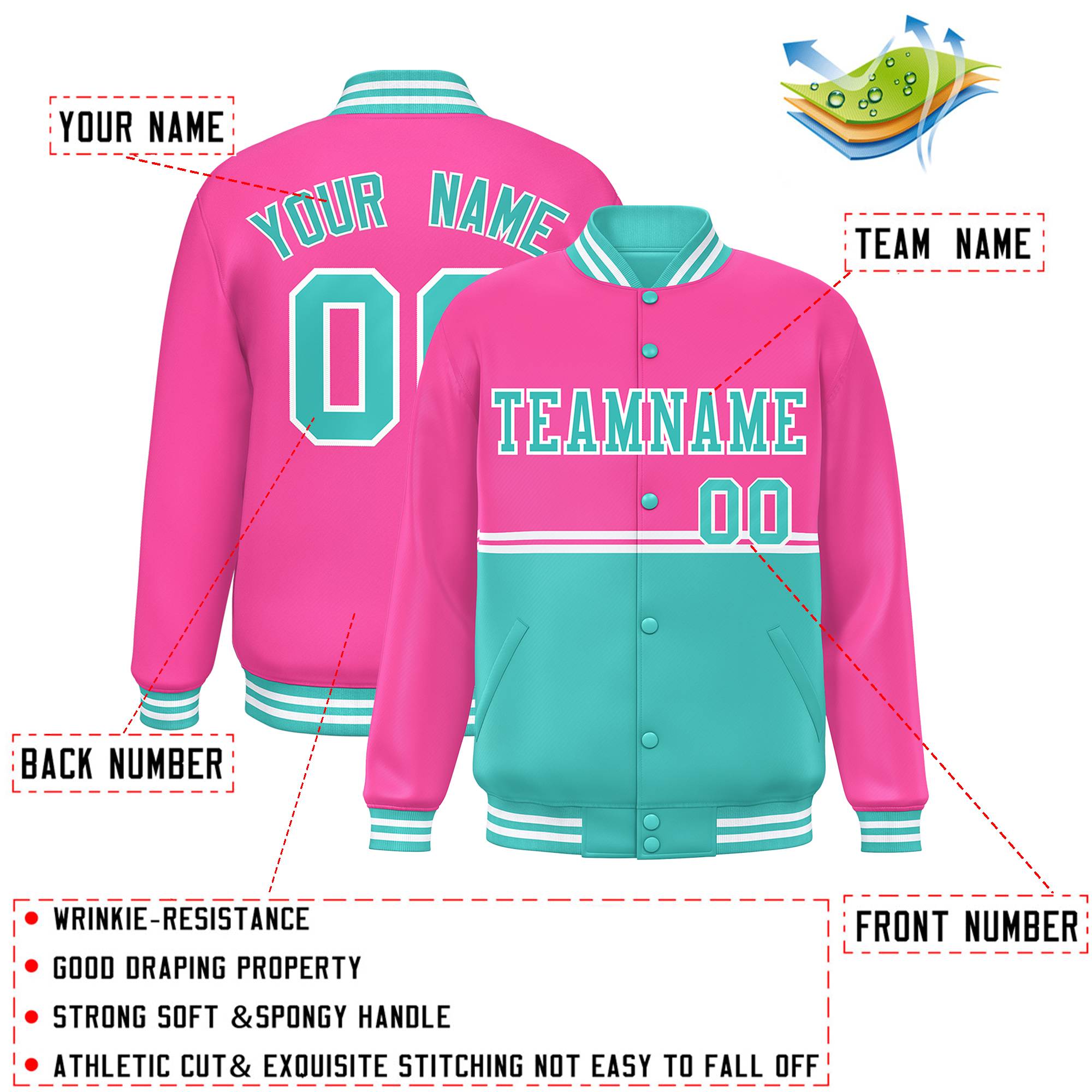 Custom Pink Bright Green Varsity Full-Snap Color Block Letterman Jacket