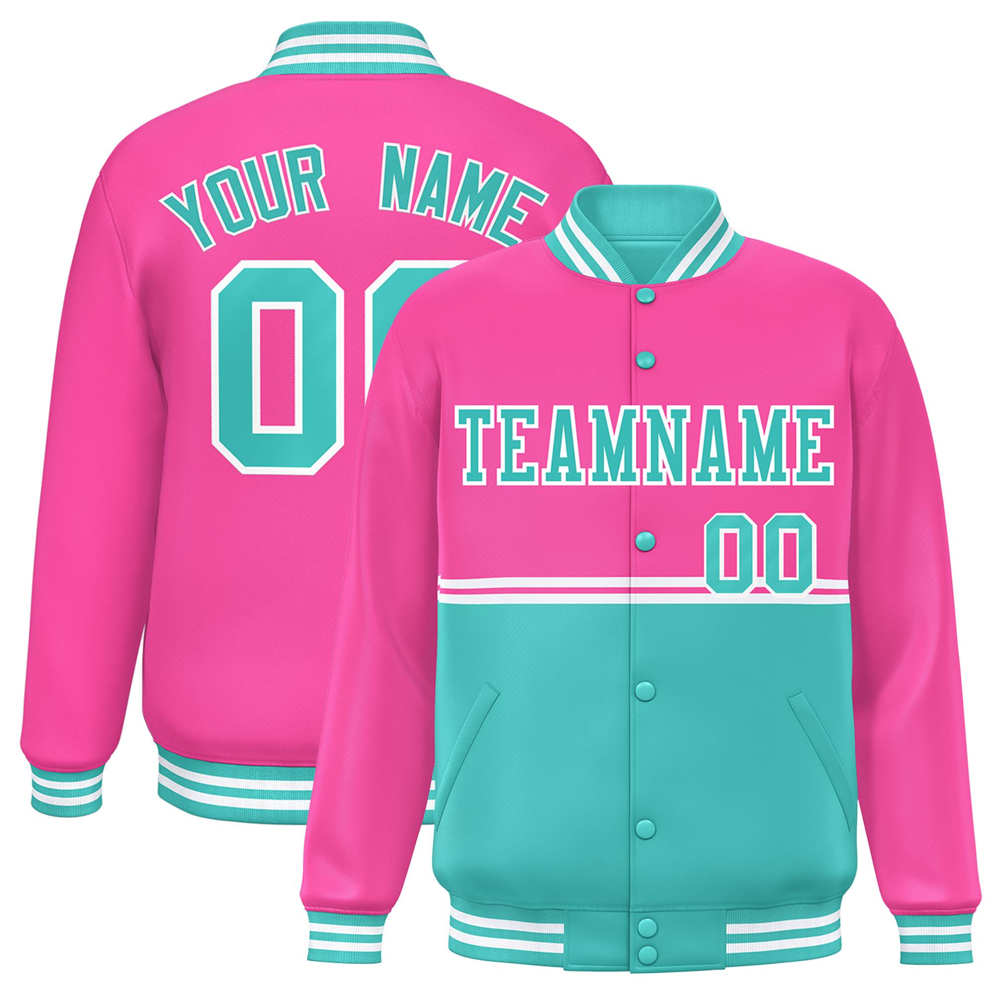 Custom Pink Bright Green Varsity Full-Snap Color Block Letterman Jacket