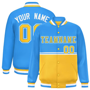 Custom Powder Blue Gold Varsity Full-Snap Color Block Letterman Jacket