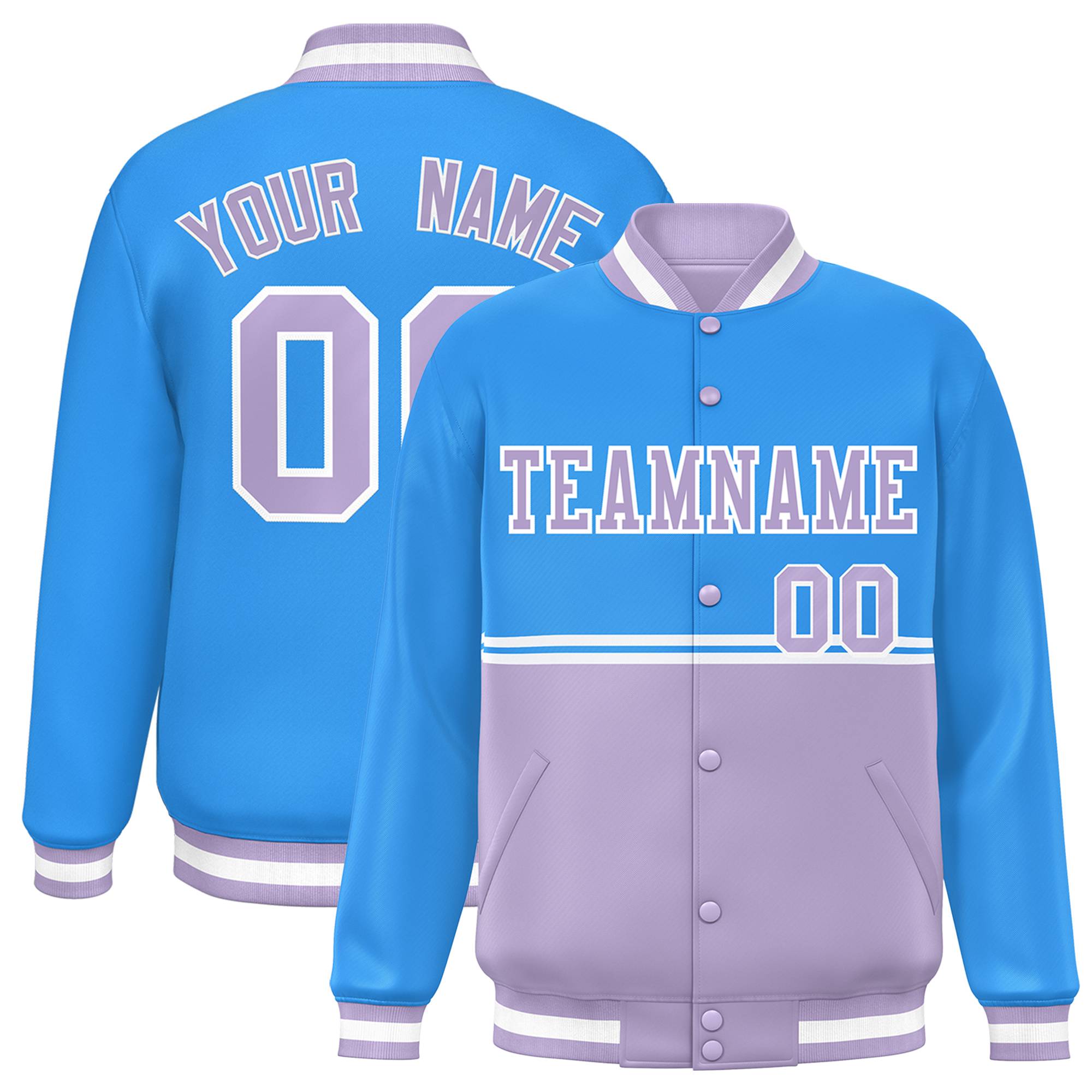 Custom Powder Blue Light Purple Varsity Full-Snap Color Block Letterman Jacket