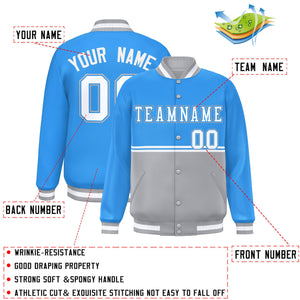 Custom Powder Blue Gray Varsity Full-Snap Color Block Letterman Jacket