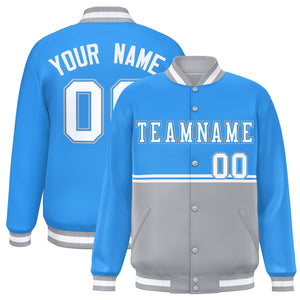 Custom Powder Blue Gray Varsity Full-Snap Color Block Letterman Jacket