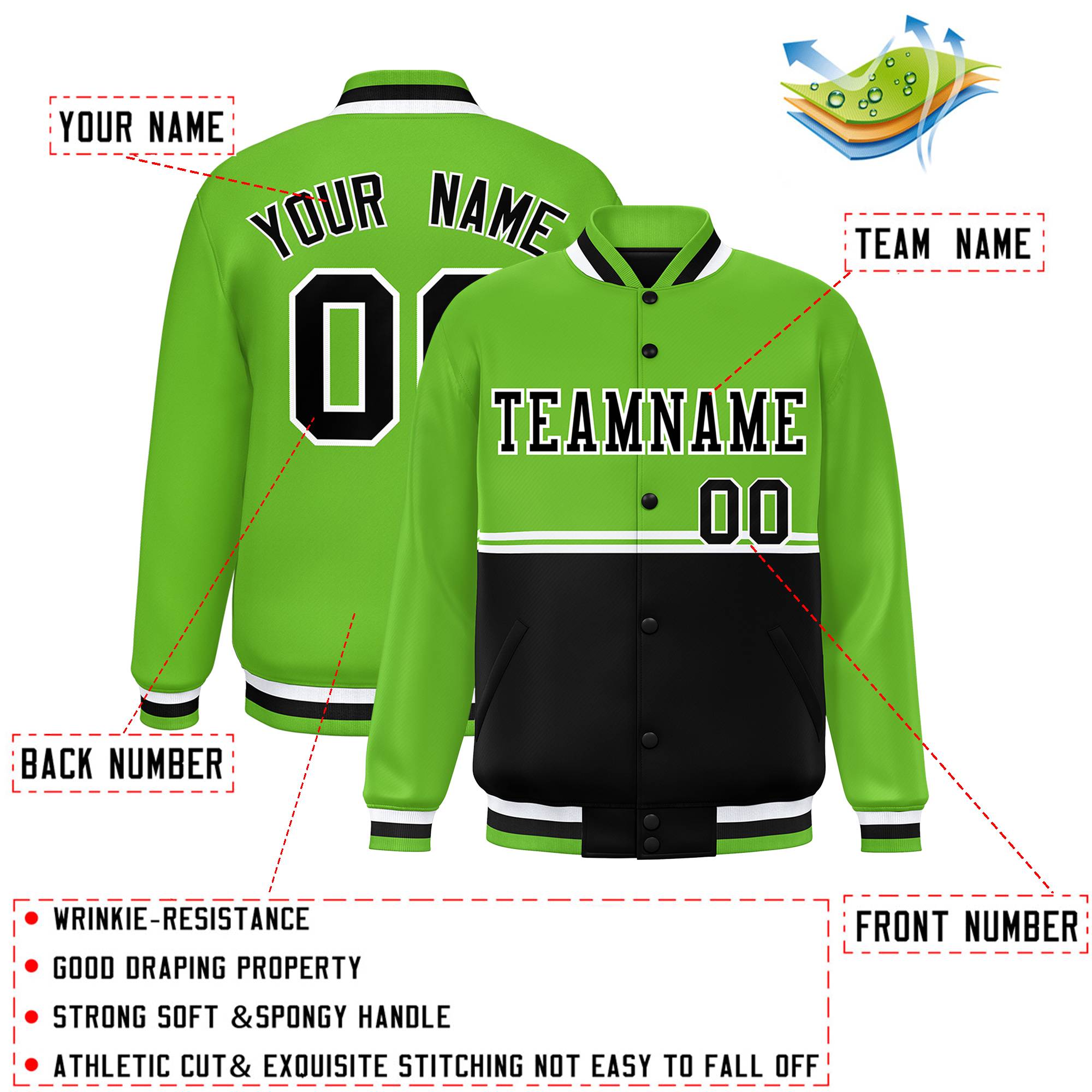 Custom Green Black Varsity Full-Snap Color Block Letterman Jacket