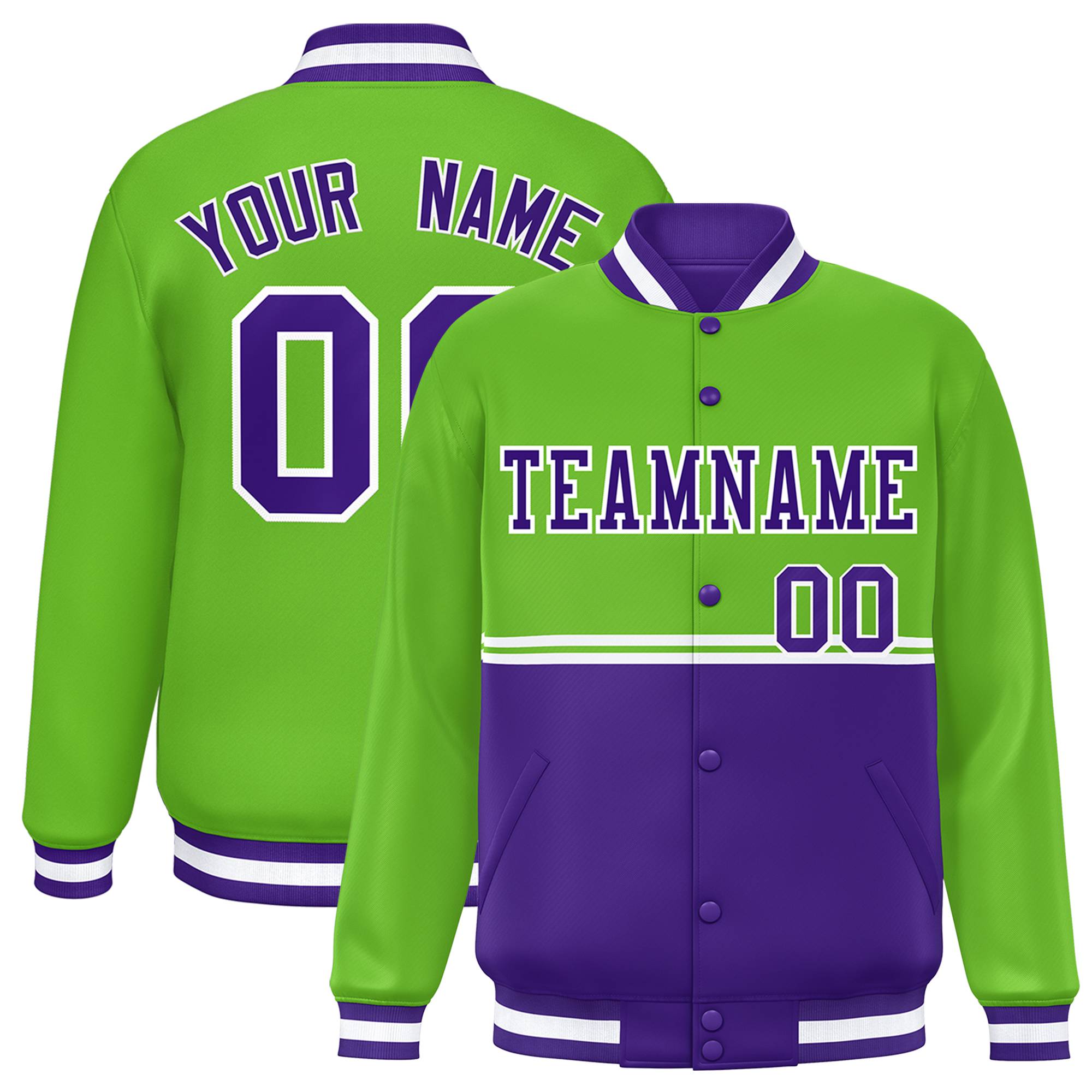 Custom Green Purple Varsity Full-Snap Color Block Letterman Jacket