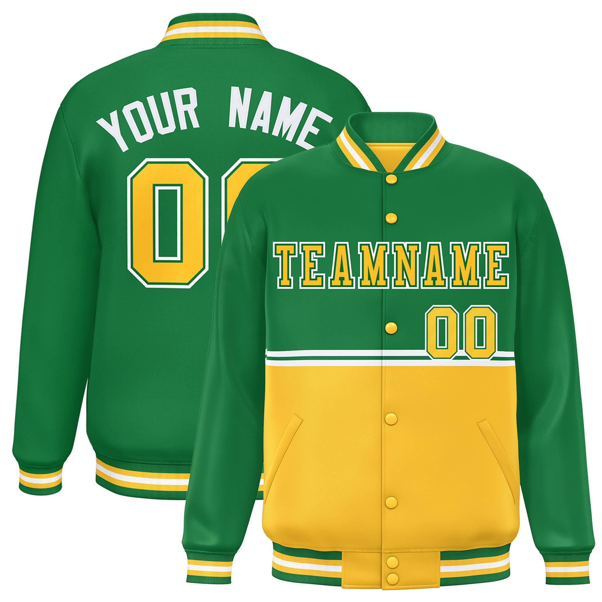 Custom Kelly Green Gold Varsity Full-Snap Color Block Letterman Jacket