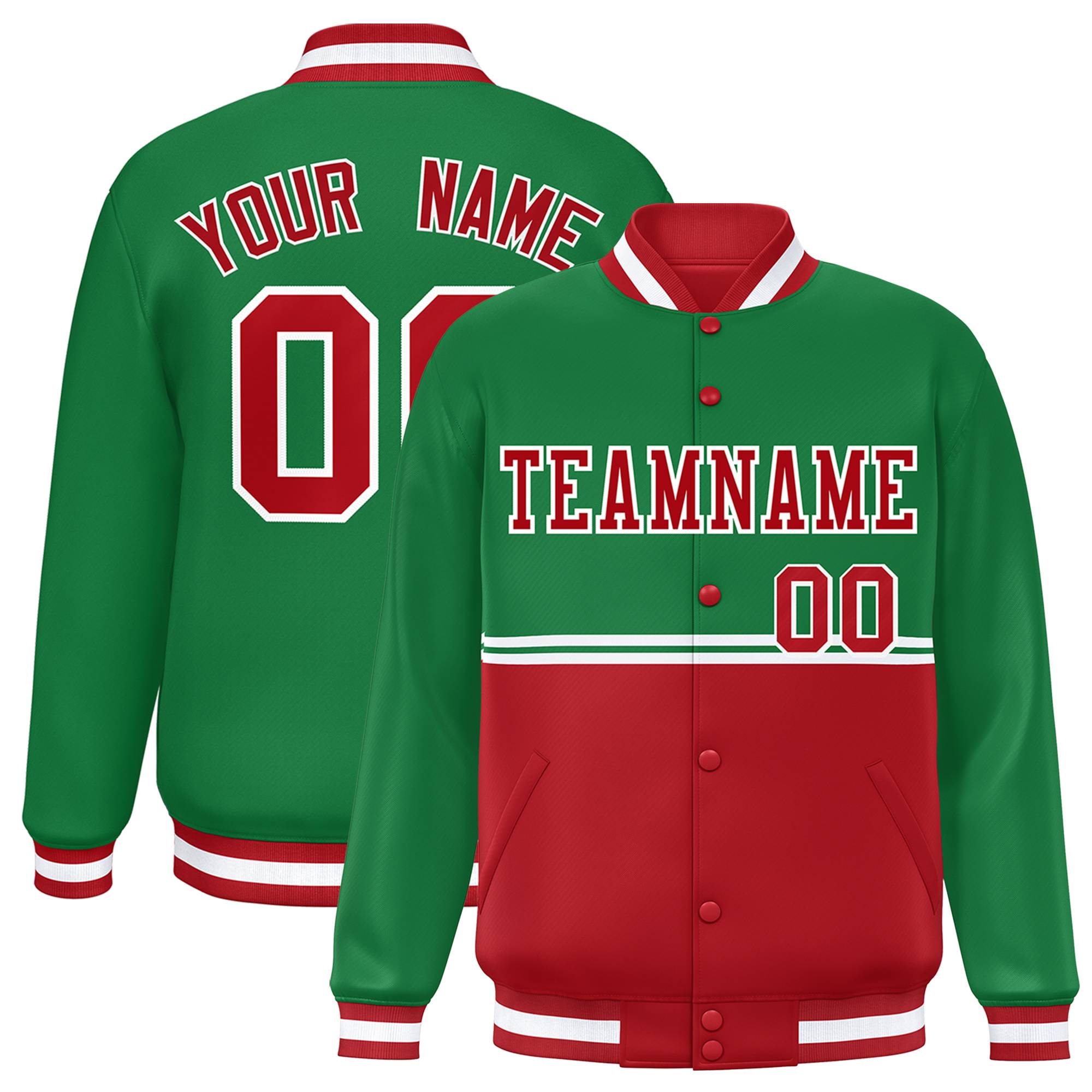 Custom Kelly Green Red Varsity Full-Snap Color Block Letterman Jacket