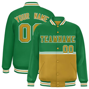 Custom Kelly Green Old Gold Varsity Full-Snap Color Block Letterman Jacket