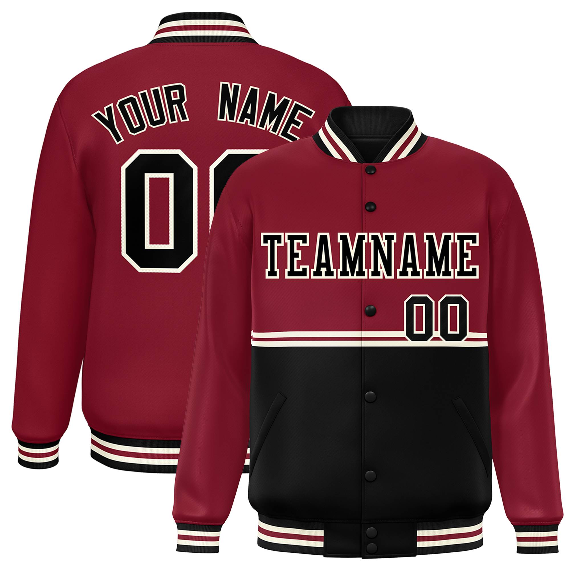 Custom Crimson Black Varsity Full-Snap Color Block Letterman Jacket