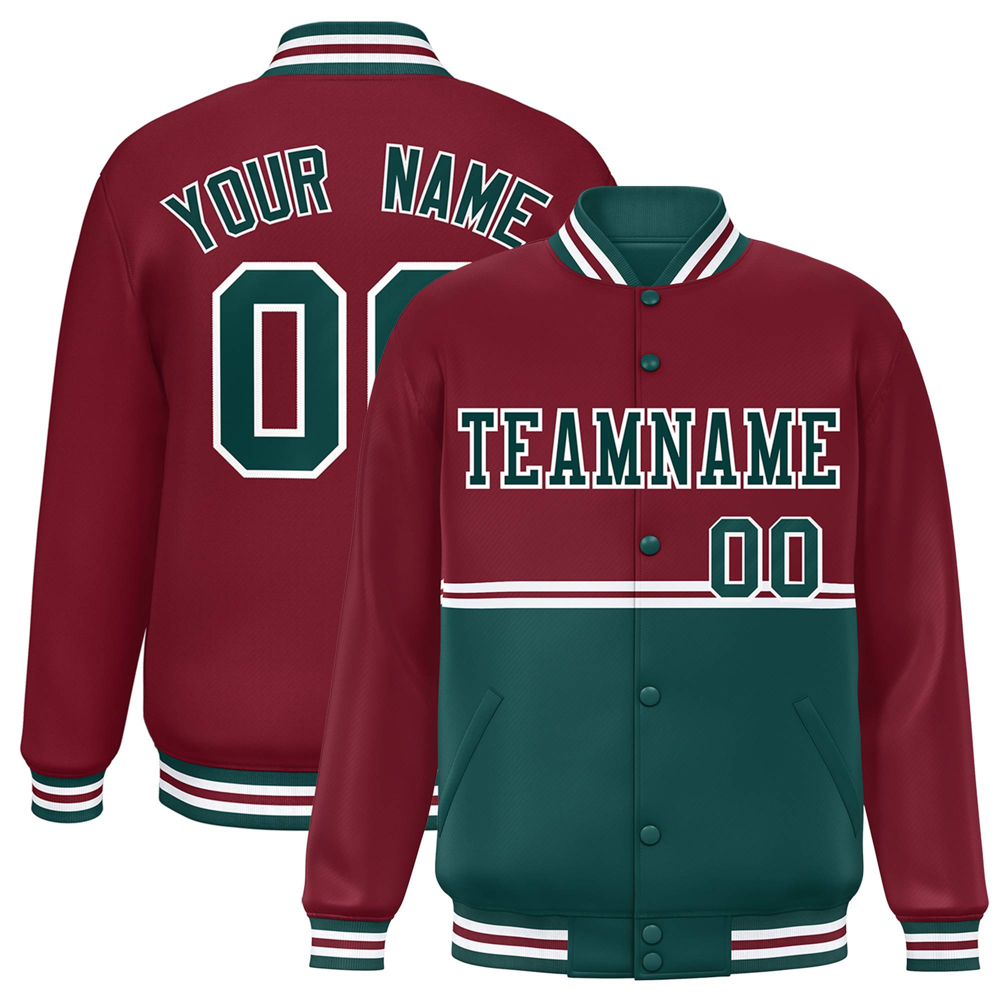 Custom Crimson Midnight Green Varsity Full-Snap Color Block Letterman Jacket