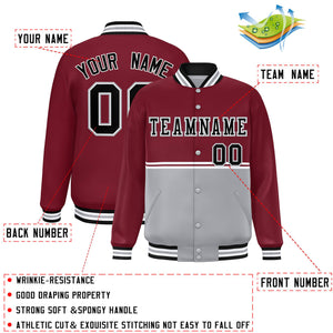 Custom Crimson Gray Varsity Full-Snap Color Block Letterman Jacket