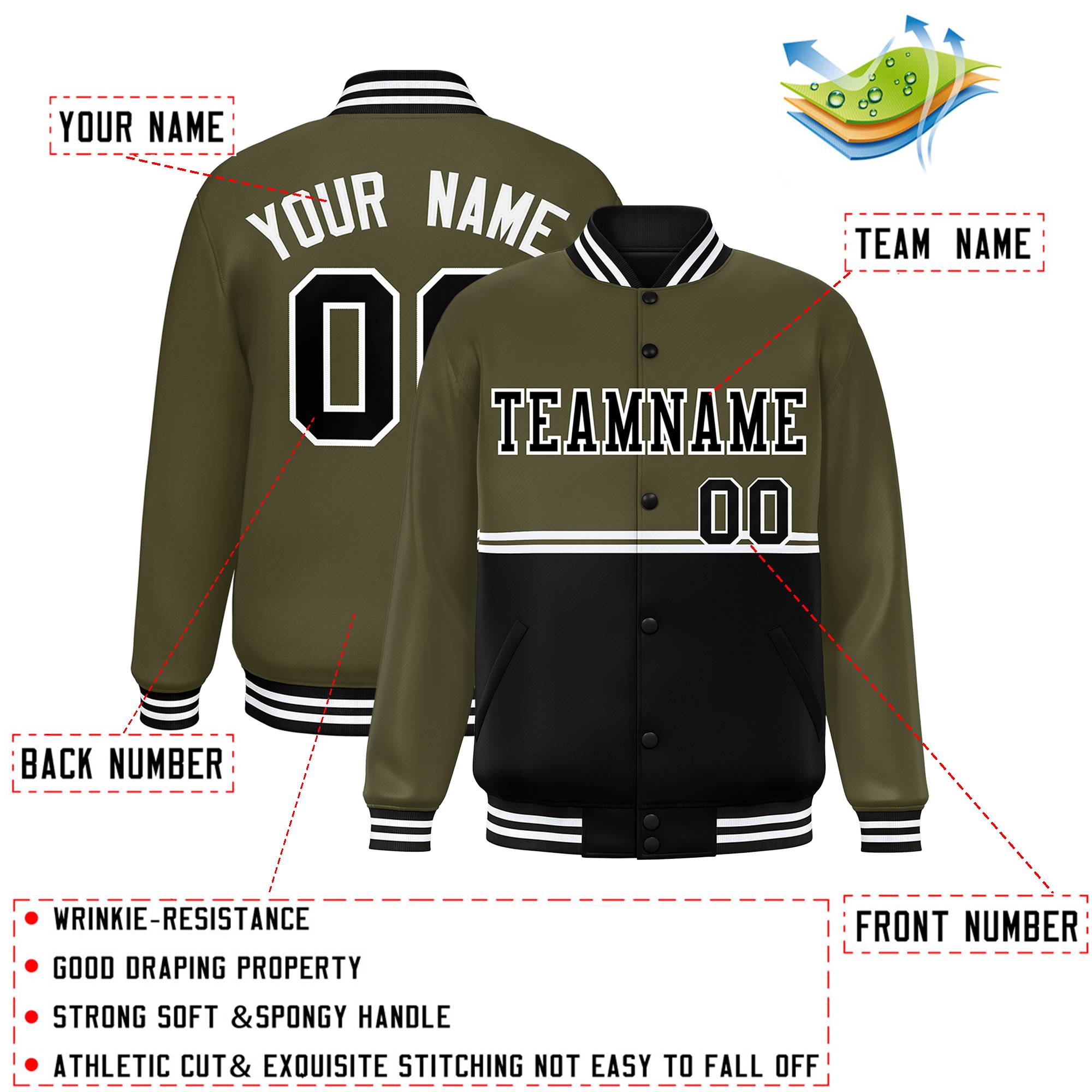 Custom Olive Black Varsity Full-Snap Color Block Letterman Jacket