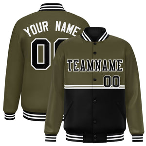 Custom Olive Black Varsity Full-Snap Color Block Letterman Jacket