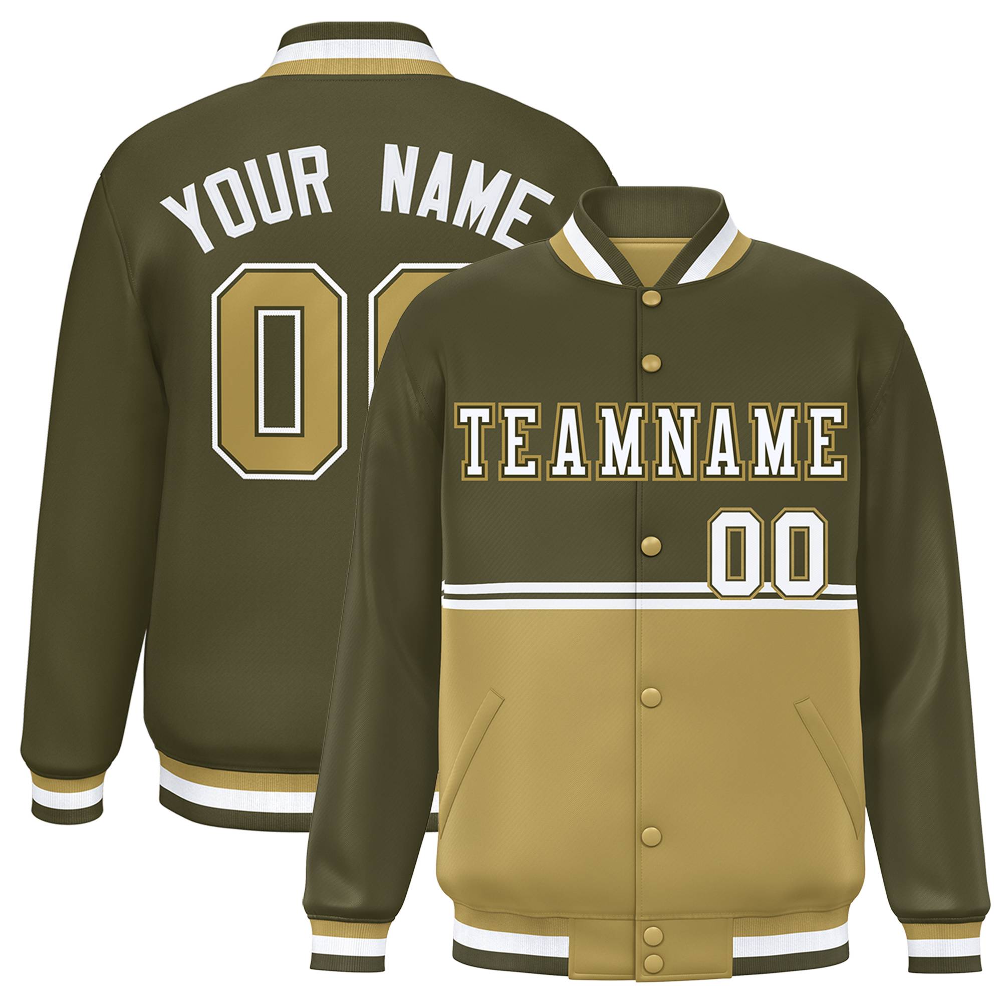 Custom Olive Desert Yellow Varsity Full-Snap Color Block Letterman Jacket