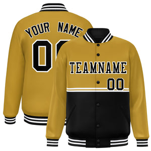 Custom Old Gold Black Varsity Full-Snap Color Block Letterman Jacket