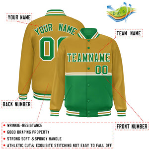 Custom Old Gold Kelly Green Varsity Full-Snap Color Block Letterman Jacket