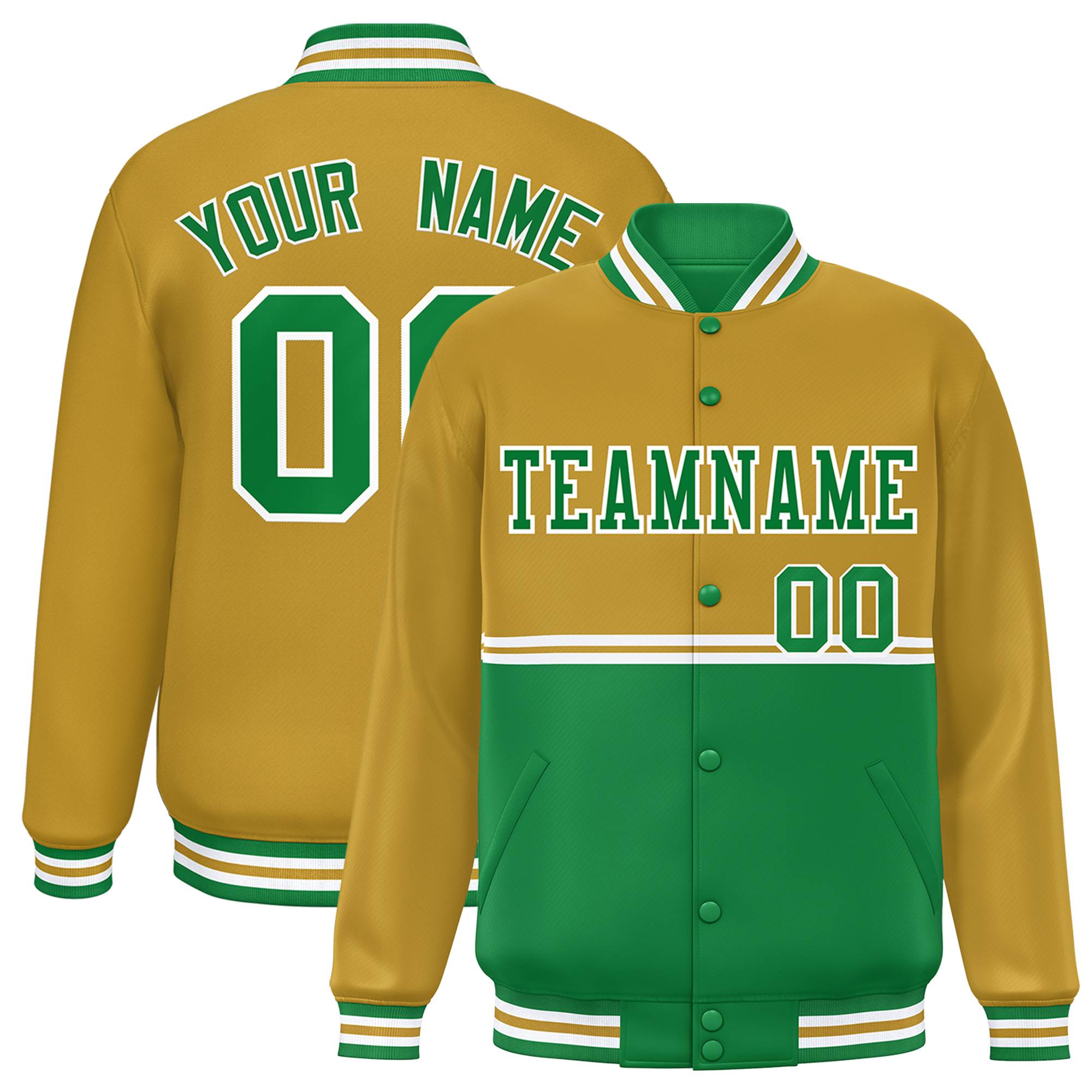 Custom Old Gold Kelly Green Varsity Full-Snap Color Block Letterman Jacket