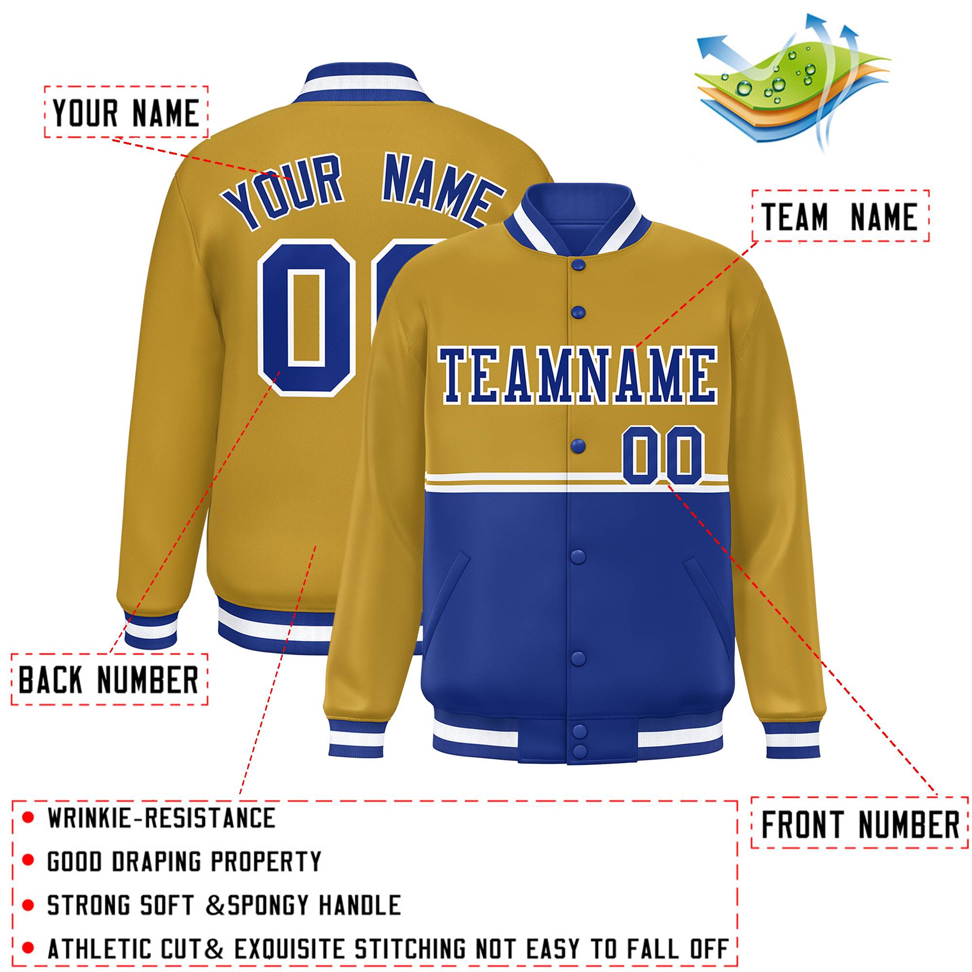 Custom Old Gold Royal Varsity Full-Snap Color Block Letterman Jacket