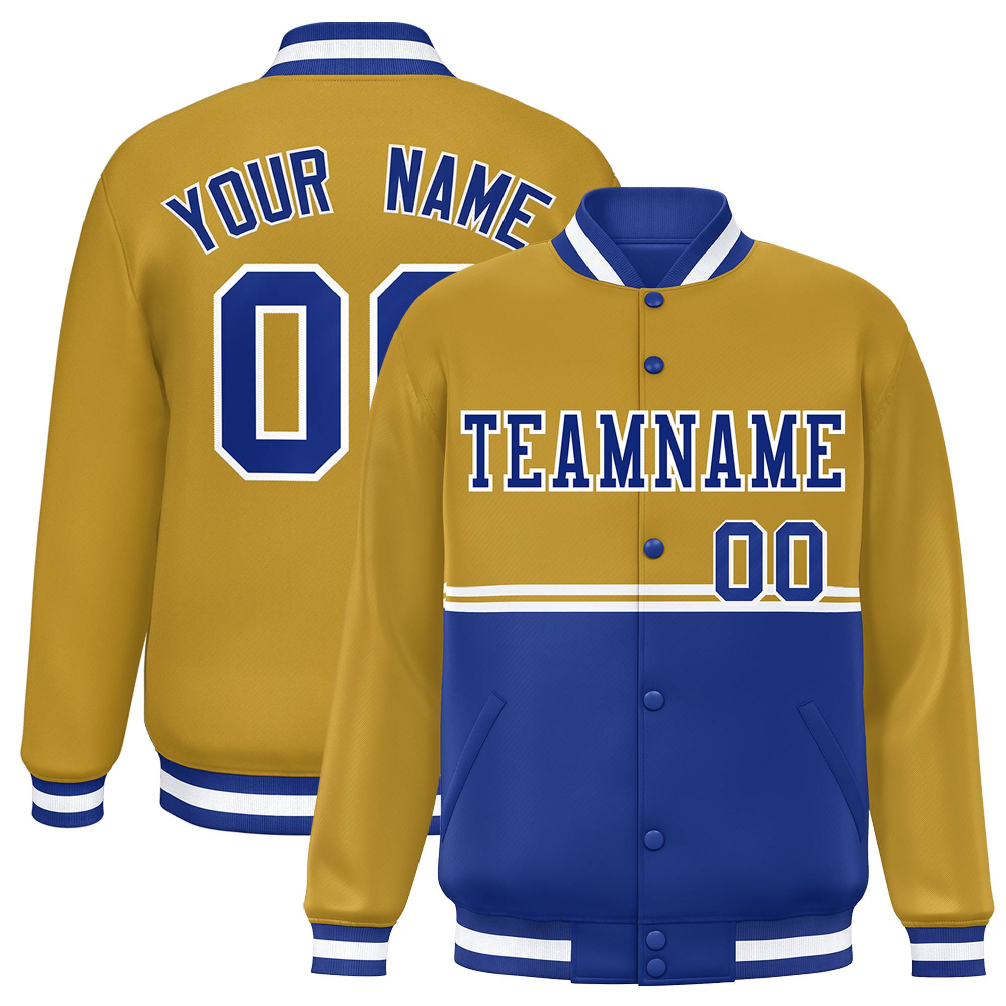 Custom Old Gold Royal Varsity Full-Snap Color Block Letterman Jacket