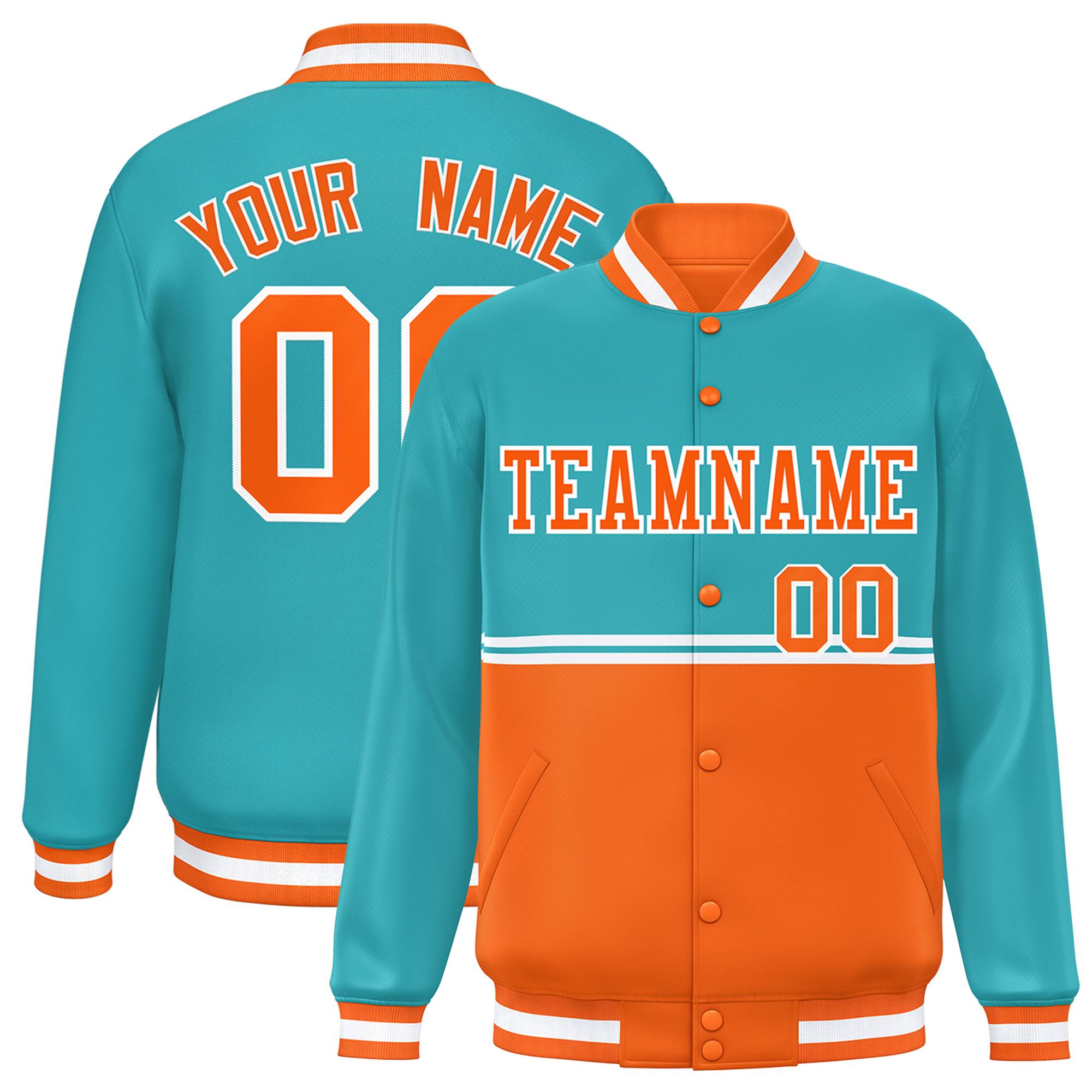 Custom Aqua Orange Varsity Full-Snap Color Block Letterman Jacket