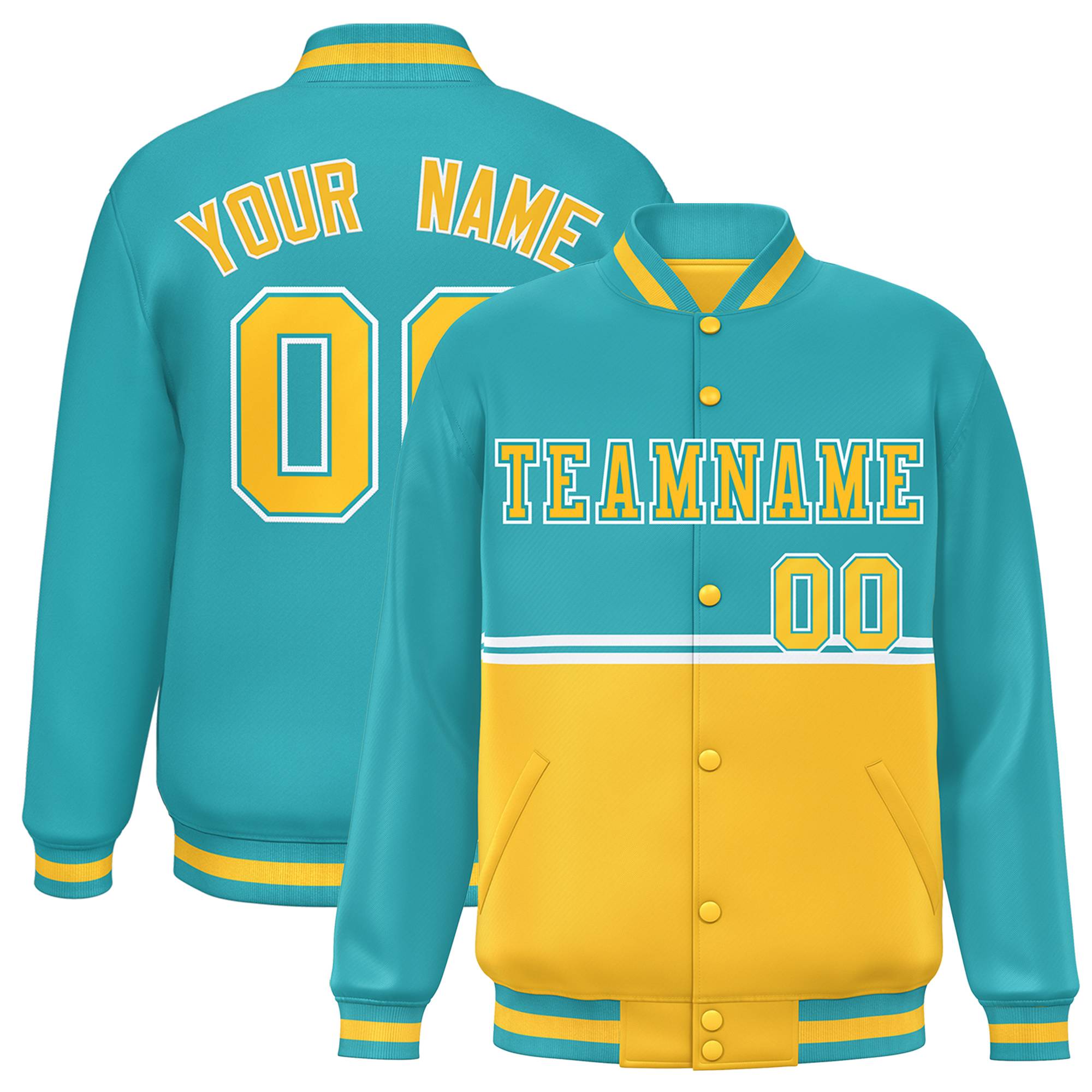 Custom Aqua Gold Varsity Full-Snap Color Block Letterman Jacket