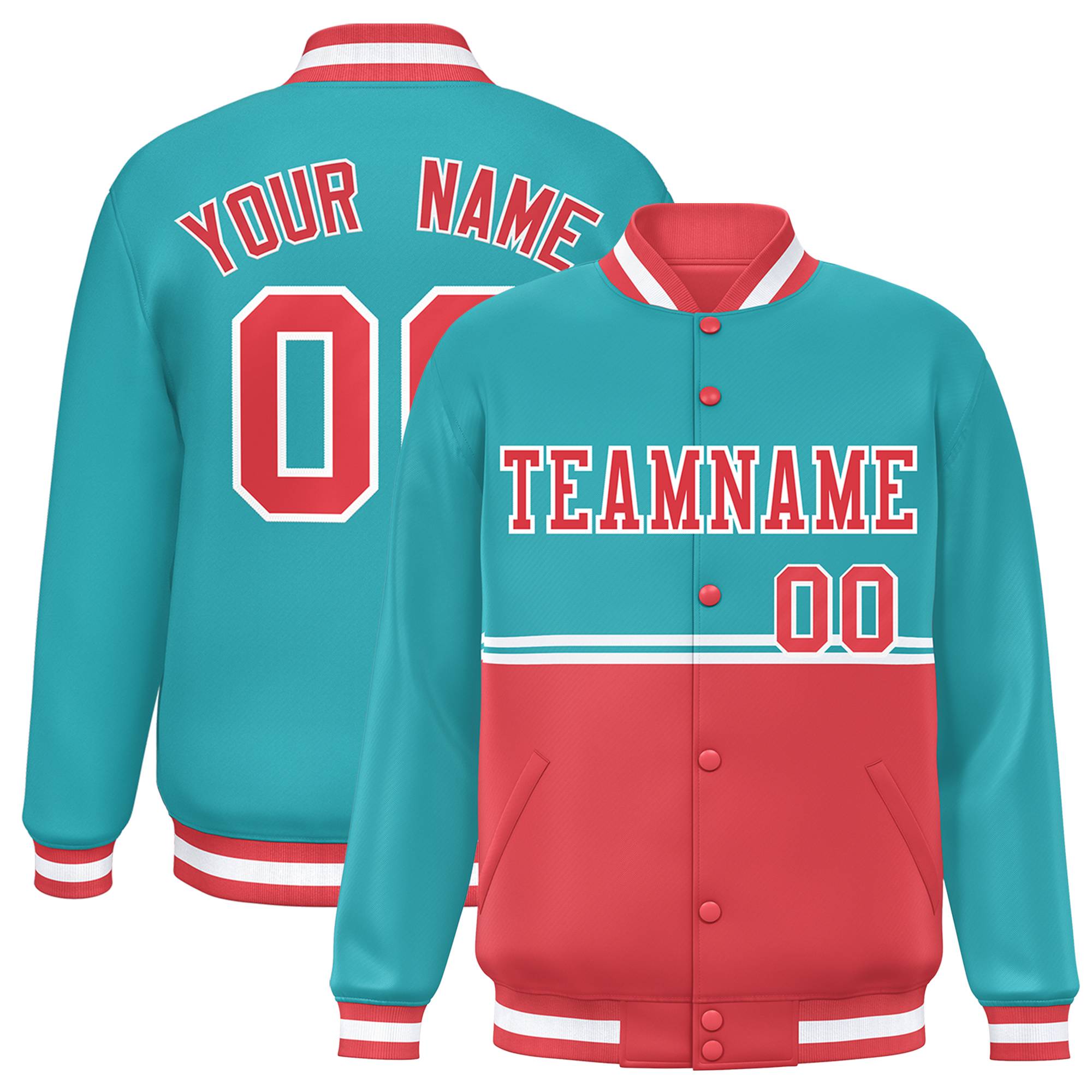 Custom Aqua Light Red Varsity Full-Snap Color Block Letterman Jacket