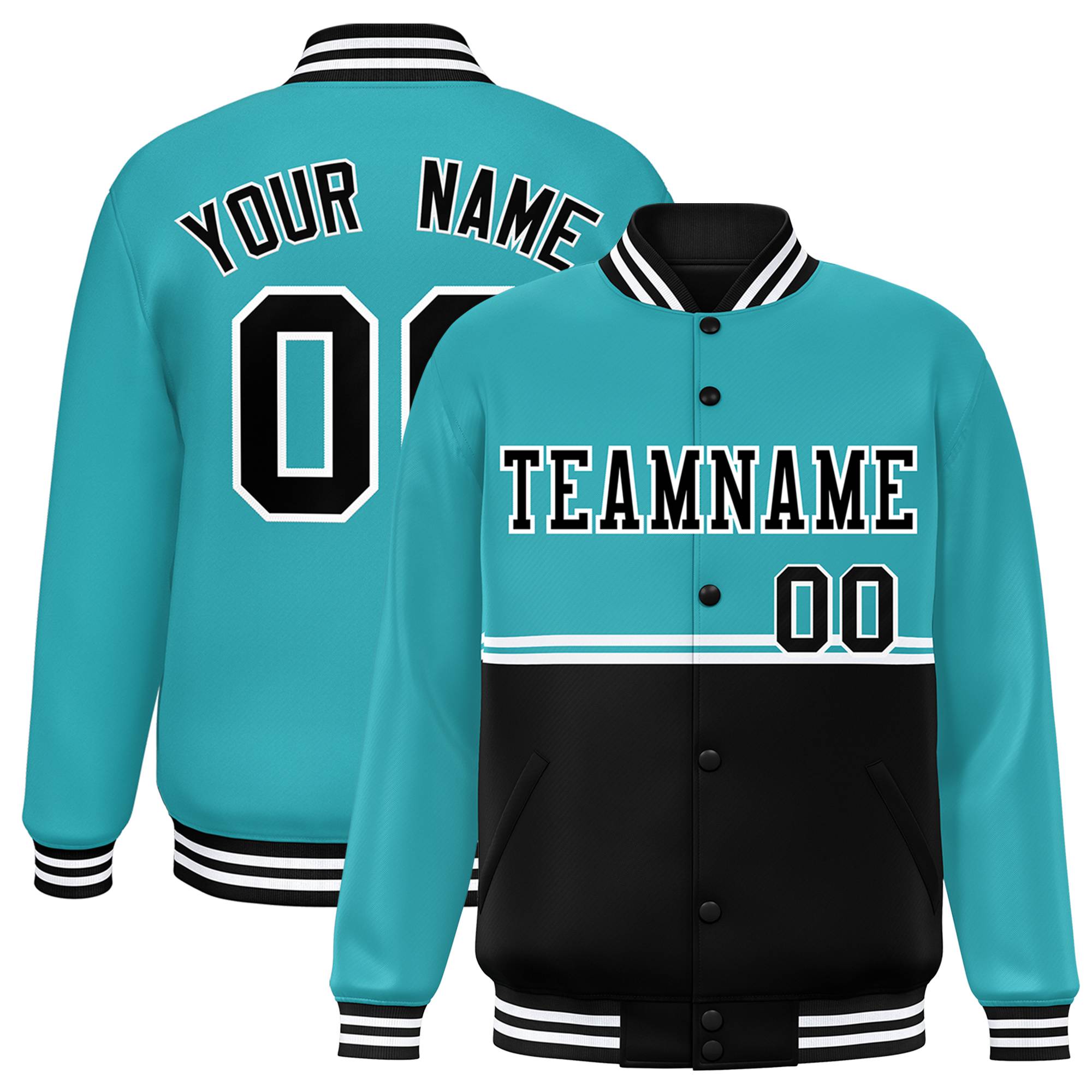 Custom Aqua Black Varsity Full-Snap Color Block Letterman Jacket