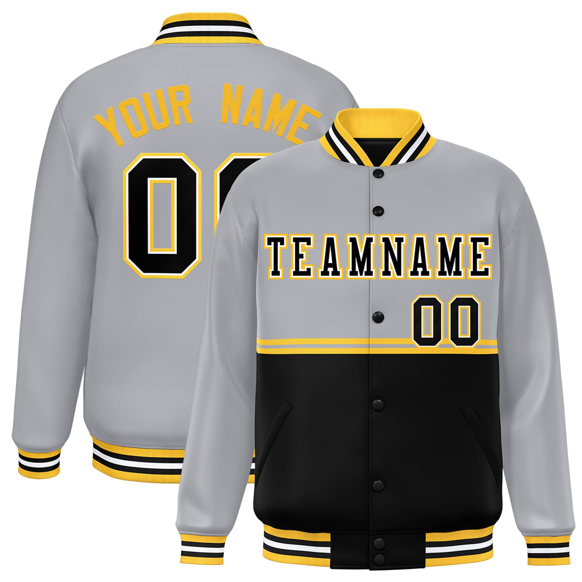 Custom Gray Black Varsity Full-Snap Color Block Letterman Jacket