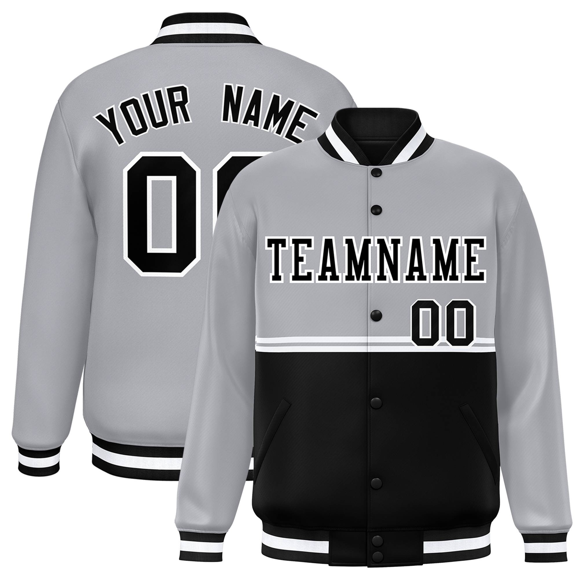 Custom Gray Black Varsity Full-Snap Color Block Letterman Jacket