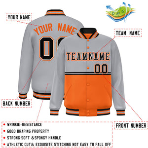 Custom Gray Orange Varsity Full-Snap Color Block Letterman Jacket