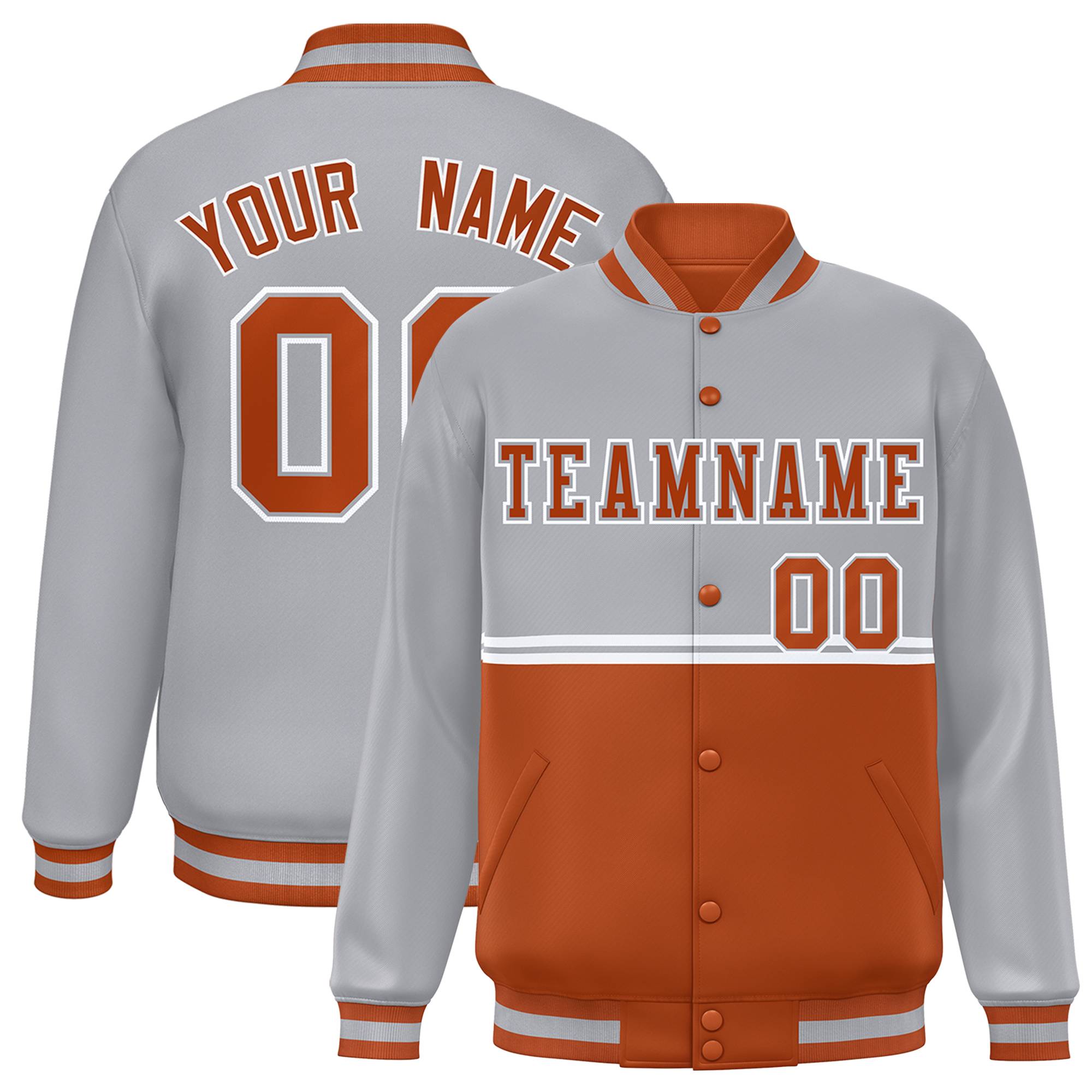 Custom Gray Texas Orange Varsity Full-Snap Color Block Letterman Jacket