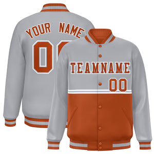 Custom Gray Texas Orange Varsity Full-Snap Color Block Letterman Jacket