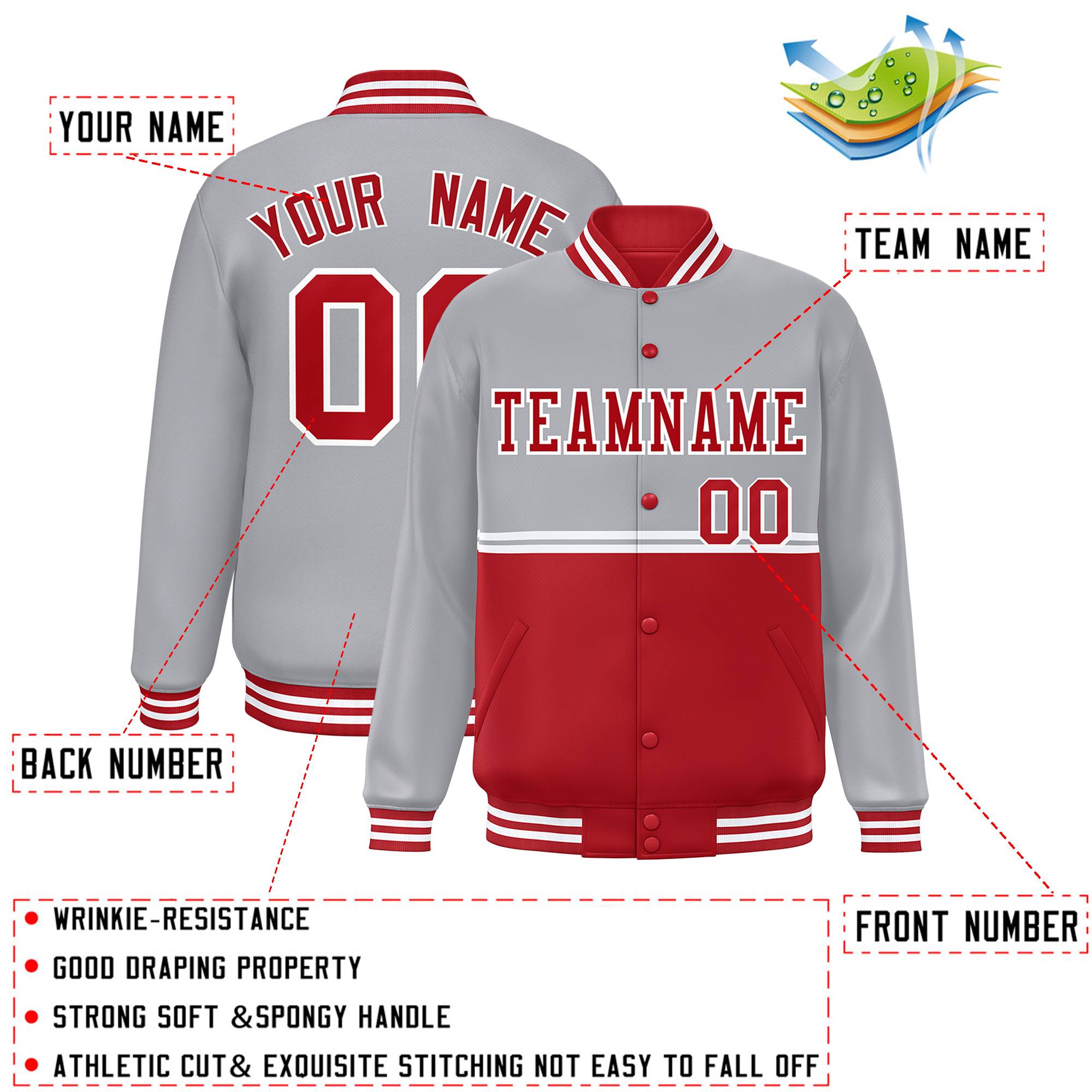 Custom Gray Red Varsity Full-Snap Color Block Letterman Jacket