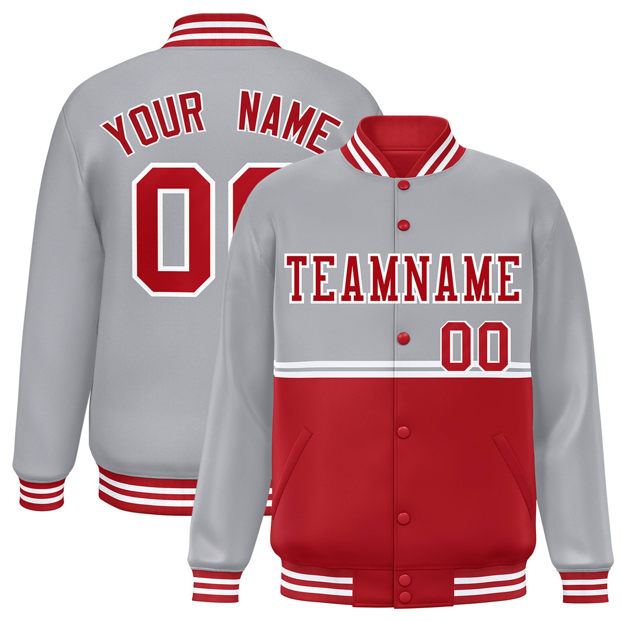 Custom Gray Red Varsity Full-Snap Color Block Letterman Jacket