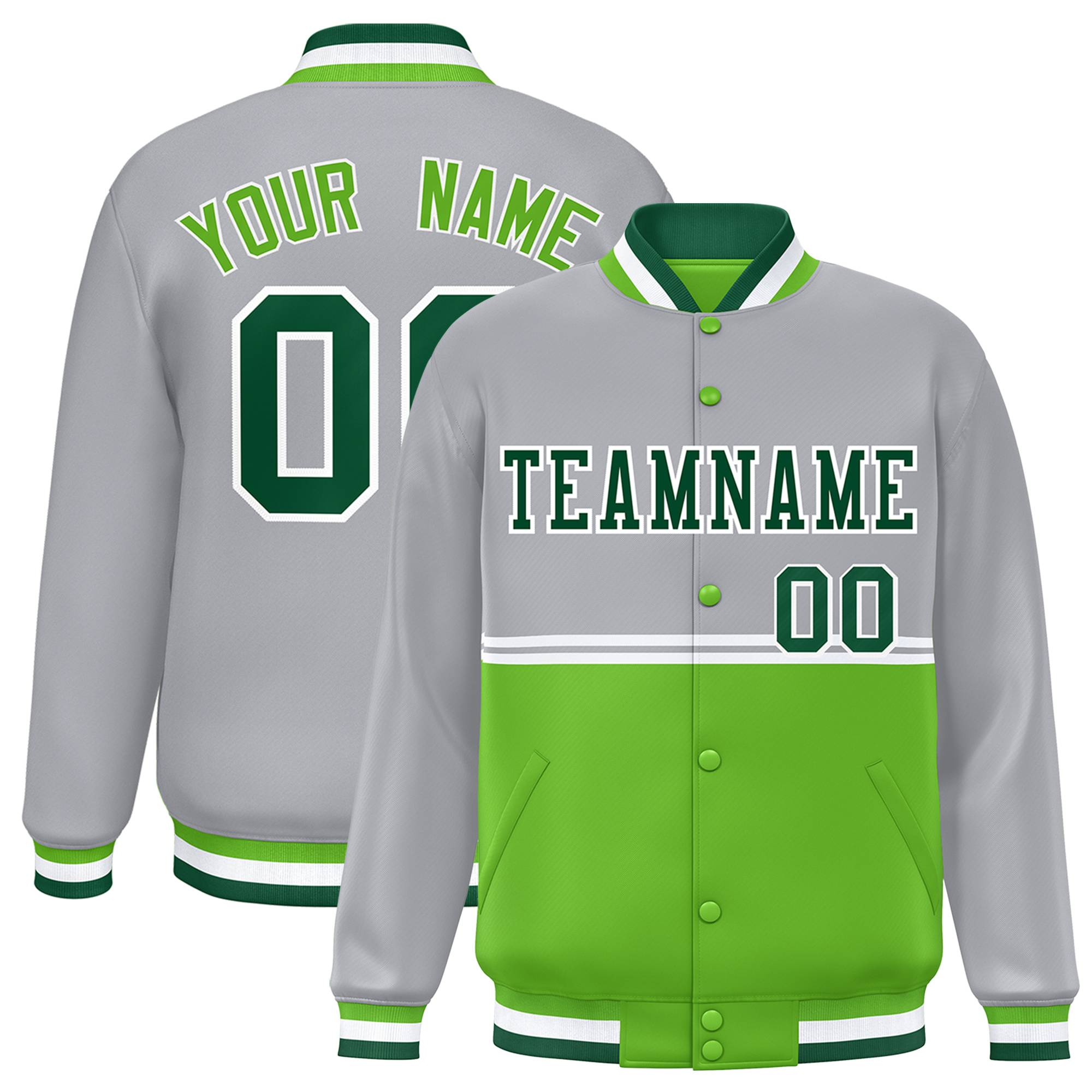 Custom Gray Green Varsity Full-Snap Color Block Letterman Jacket