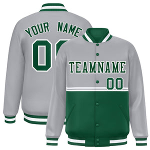 Custom Gray Green Varsity Full-Snap Color Block Letterman Jacket