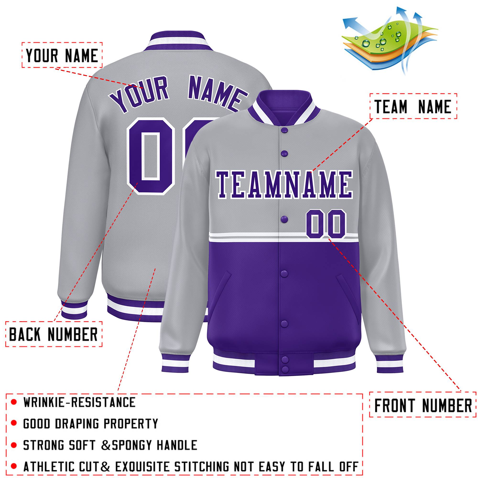 Custom Gray Purple Varsity Full-Snap Color Block Letterman Jacket