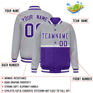 Custom Gray Purple Varsity Full-Snap Color Block Letterman Jacket