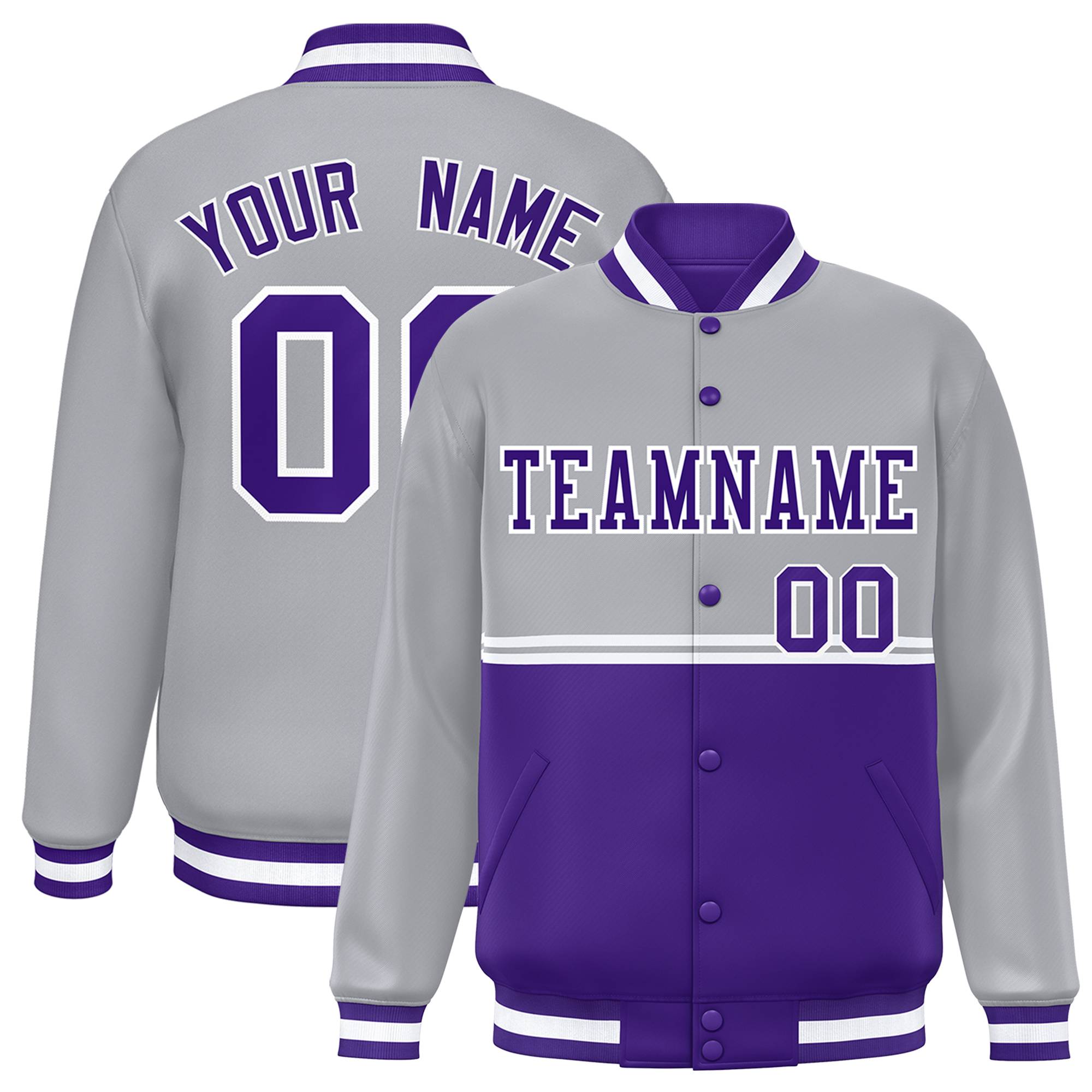 Custom Gray Purple Varsity Full-Snap Color Block Letterman Jacket