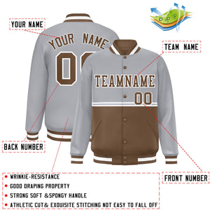 Custom Gray Light Brown Varsity Full-Snap Color Block Letterman Jacket