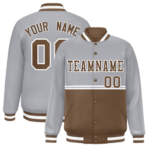 Custom Gray Light Brown Varsity Full-Snap Color Block Letterman Jacket