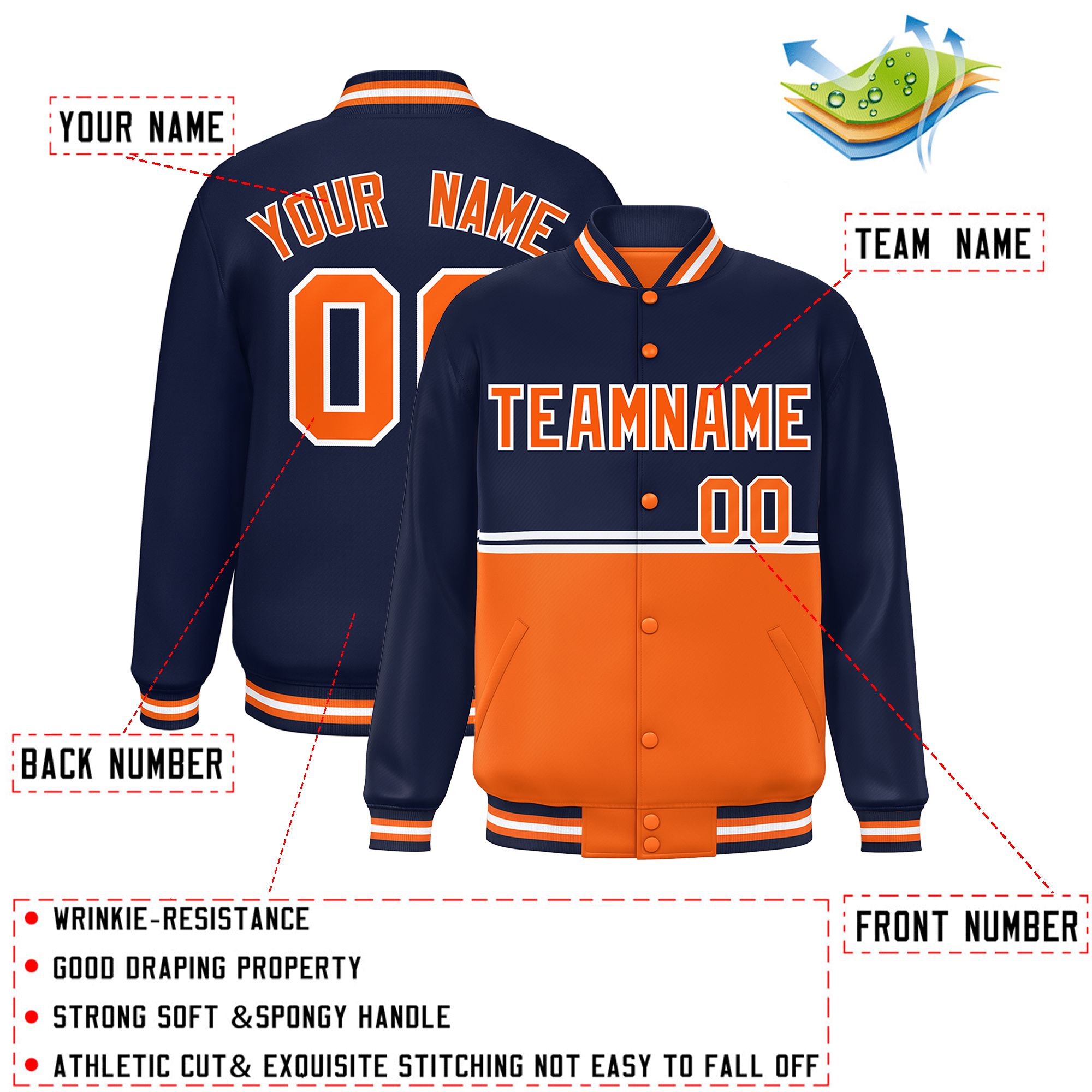 Custom Navy Orange Varsity Full-Snap Color Block Letterman Jacket